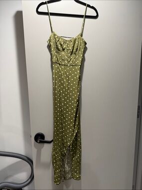 Zara New Olive Green Polka Dot Maxi Dress slit open back xs